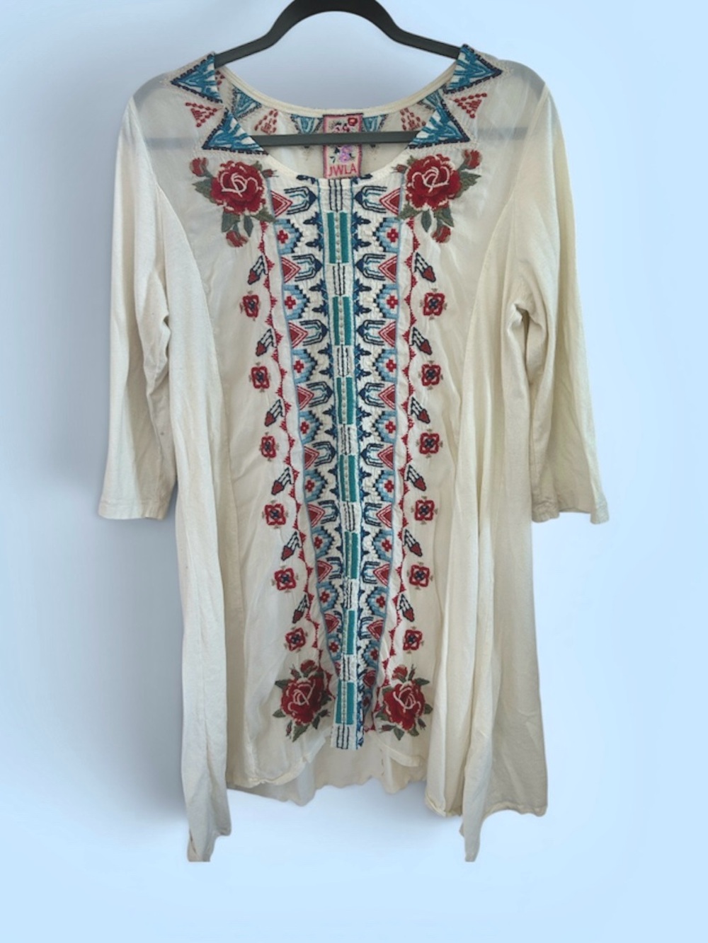 Johnny Was Cream Tunic with Red and Blue Embroidery